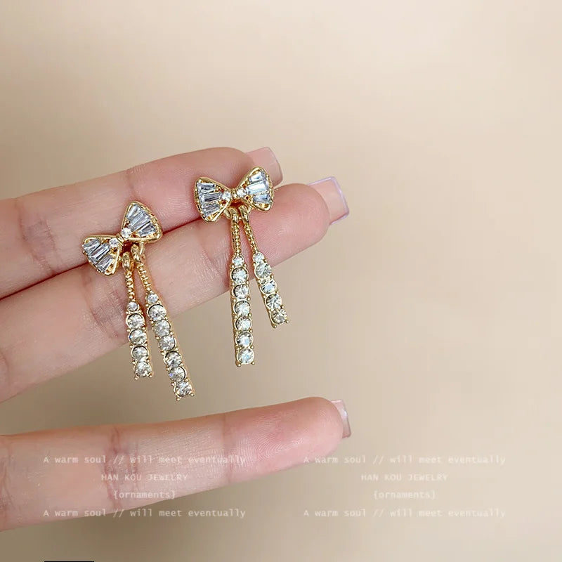 Gold Bow Stud Earrings – Dainty Rhinestone Fashion Jewelry, Perfect Gift for Women