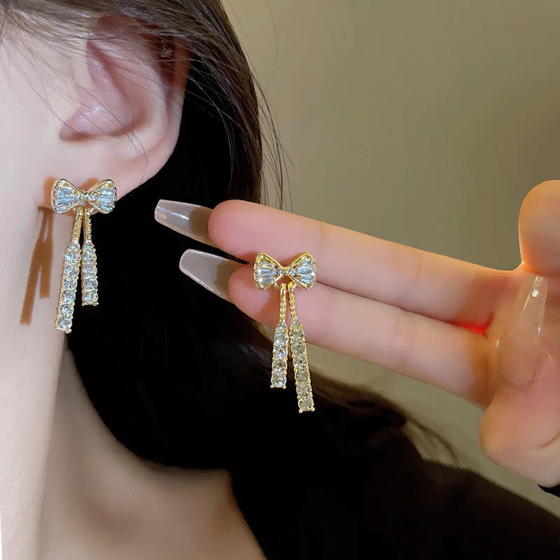 Gold Bow Stud Earrings – Dainty Rhinestone Fashion Jewelry, Perfect Gift for Women