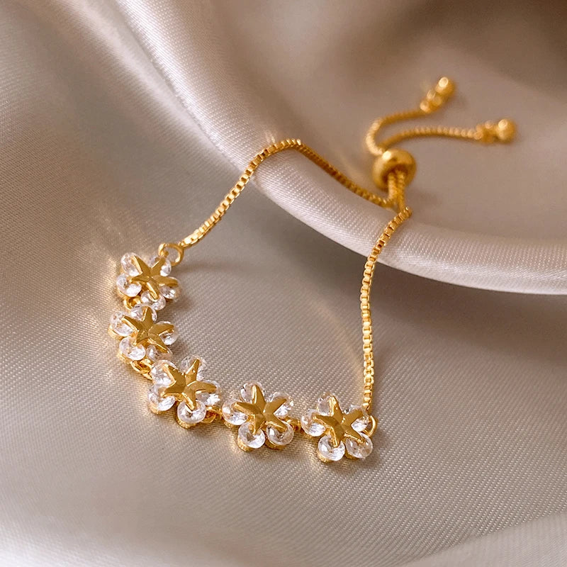 Exquisite Rhinestone Bracelet – Gold Stars & Flower Charm Bangle for Women, Adjustable Wedding Jewelry