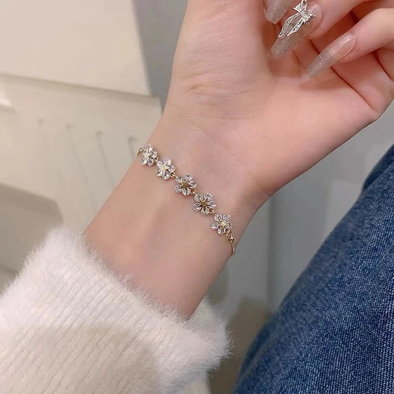 Exquisite Rhinestone Bracelet – Gold Stars & Flower Charm Bangle for Women, Adjustable Wedding Jewelry