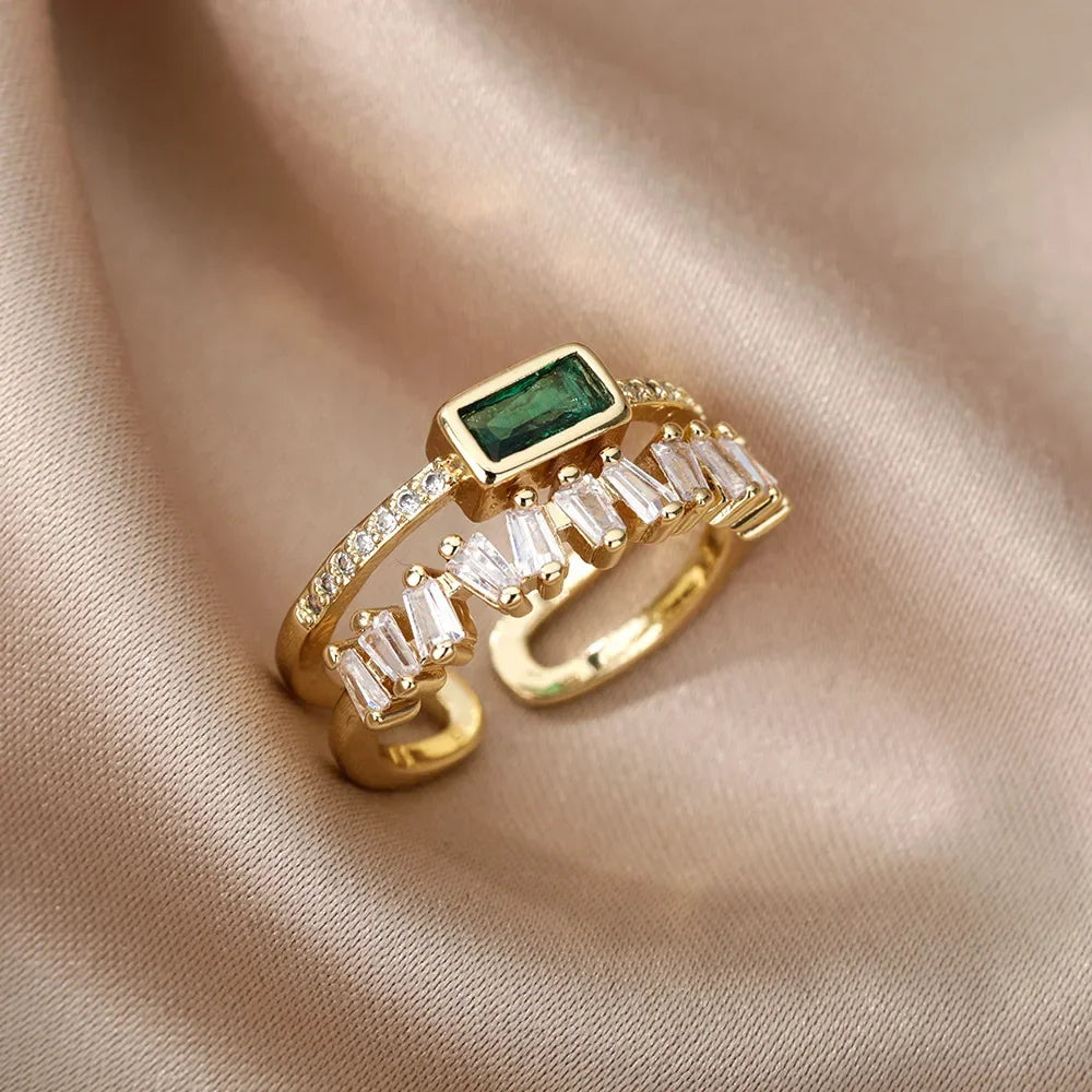 Classic retro light green double-layer zircon ring women's brass gold-plated wedding ring as a gift for mom and lover