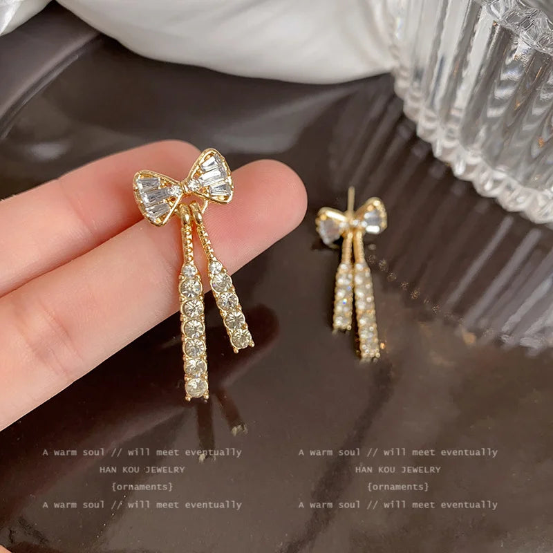 Gold Bow Stud Earrings – Dainty Rhinestone Fashion Jewelry, Perfect Gift for Women